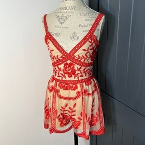 Honey Punch Cream and Red Floral Embroidered Mini Dress